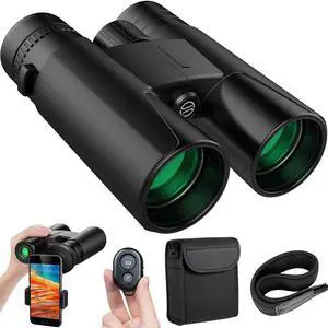 Binoculars for Adults, 12x42 Low Night Vision Binoculars Telescopes with Cell Phone Photography Adapter and Wireless Camera Shutter Remote Control for Bird Watching/Hunting/Camping/Travelling