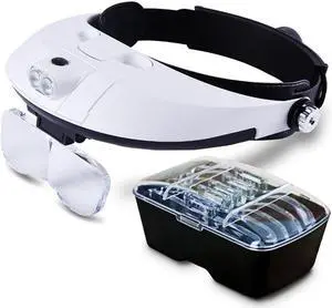 Head Mount Magnifier Headband LED Lamp Light with 5 Prime Replaceable and Interchangeable Magnifier PC Lenses : 1.0X, 1.5X, 2.0X, 2.5X, 3.5X | Fit Any Head Size, Black and White