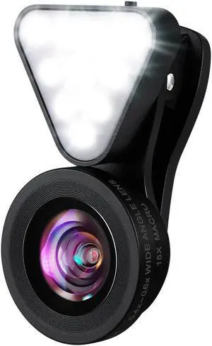 3 in 1 Cell Phone Lens Kit, 10 LED Rechargeable Beauty Selfie Light, 15X Macro Lens, 0.4X-0.6X Wide Angle Lens, 3 Adjustable Brightness Fill Light for iPhone, Samsung & Most Smartphones