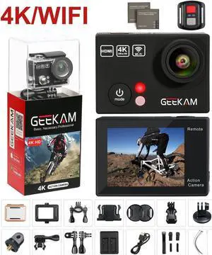 Action Camera 4K Waterproof Action Camera cam with Wifi Remote Control 4K 25Fps 2.7K 12MP Ultra HD 170 Degree Wide Angle Sport Helmet Bike Camera with 2PCS Rechargeable Batteries 19 Accessories Kits