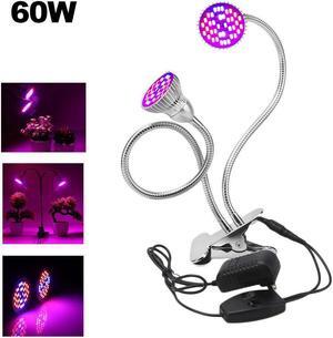 Dual Head LED Grow Light, 60W Full Spectrum Desk Clip Plant Lamp Bulb with Double Flexible Gooseneck and Individual Switch for Home Office Indoor Plants Hydroponic Greenhouse