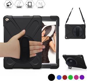 iPad Air2 case Heavy Duty Full-body Rugged Protective Case with Shoulder Strap / Hand Strap Rotating kickstand Three-Layer shockproof Silicone, Hard case cover for iPad Air 2 iPad 6 (2014)