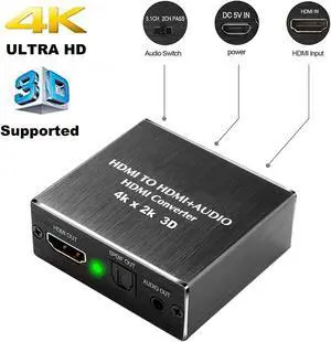 4K x 2K 3D HDMI to HDMI and Optical SPDIF + 3.5mm Stereo Audio Extractor Converter HDMI Audio Splitter Adapter for Blue-ray PC Laptop Xbox One HDTV