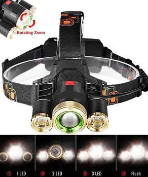 LED Headlamp,5000 Lumen Bright Zoomable Headlight Waterproof Head Lamp Flashlight Torch 3 CREE T6 Camping Head Light Rechargeable Battery Wall Charger for Outdoor Hiking Riding Fishing Hunting
