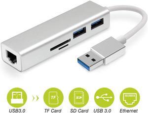 USB Hub, 5 in 1 USB 3.0 to Ethernet Hub Adapter, USB 3.0 Adapter with SD/TF Card Reader, RJ45 Gigabit Network, 2 USB 3.0 Ports for Macbook Surface Pro Chromebook, Support Mac OS Windows Linux