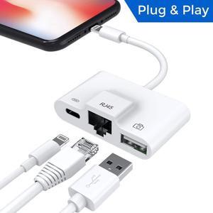 Lightning to RJ45 Ethernet LAN Wired Network Adapter iPhone Ethernet Adapter Lightning to USB Camera Reader Adapter Charging Data Sync OTG Adapter for iPhone iPad Compatible With iOS 10.0 or Up