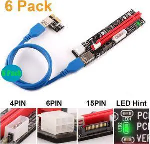 6 Pack Latest PCI-E Riser Express Cable 16X TO 1X ( 6pin / MOLEX / SATA ) With Led Graphics Extension Ethereum ETH Mining Powered Riser Adapter Card+60cm USB 3.0 Cable