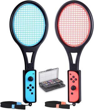 Tennis Racket for Nintendo Switch Joy-Con Tendak Game Accessories for Mario Tennis Aces Game with 12 in 1 Game Card Case - 2 Pack Black + Red