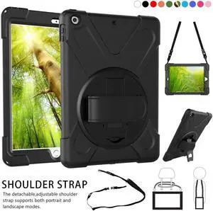 New iPad 9.7 2018 2017 Case 5th 6th Generation Three Layer Heavy Duty Soft Silicone Hard Bumper Case with Kickstand and Shoulder strap Shockproof Durable Rugged Case for New iPad 9.7 Inch 2018 2017