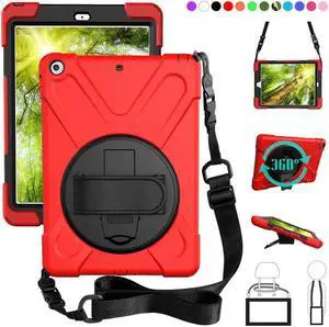 New iPad 9.7 2018 2017 Case 5th 6th Generation Three Layer Heavy Duty Soft Silicone Hard Bumper Case with Kickstand and Shoulder strap Shockproof Durable Rugged Case for New iPad 9.7 Inch 2018 2017