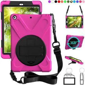 New iPad 9.7 2018 2017 Case 5th 6th Generation Three Layer Heavy Duty Soft Silicone Hard Bumper Case with Kickstand and Shoulder strap Shockproof Durable Rugged Case for New iPad 9.7 Inch 2018 2017