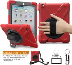 For iPad 2 3 4 Case Heavy Duty Caryying Rugged Protective Case With Handle Hand Grip Shoulder Strap 360 Degree Stand For Kids Girl Boy Apple iPad 2nd 3rd 4th Generation Case Cover