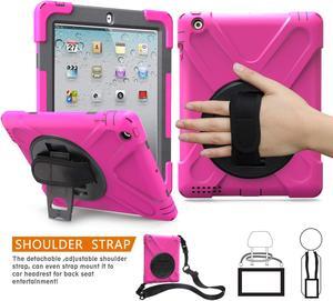For iPad 2 3 4 Case Heavy Duty Caryying Rugged Protective Case With Handle Hand Grip Shoulder Strap 360 Degree Stand For Kids Girl Boy Apple iPad 2nd 3rd 4th Generation Case Cover