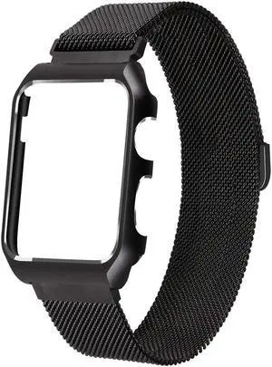 Compatible for Apple Watch Band 42mm with Case Milanese Loop Stainless Steel Magnetic Band with Metal Case for iWatch Series 1 2 3 Shockproof Protective Bumper Replacement Strap 42mm