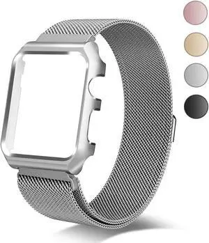 Compatible for Apple Watch Band 38mm with Case Milanese Loop Stainless Steel Magnetic Band with Metal Case for iWatch Series 1 2 3 Shockproof Protective Bumper Replacement Strap 38mm