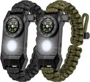 2 Packs Survival Paracord Bracelet with Compass Fire Starter LED Light SOS Emergency Knife Whistle for Outdoor Camping Hiking Travel