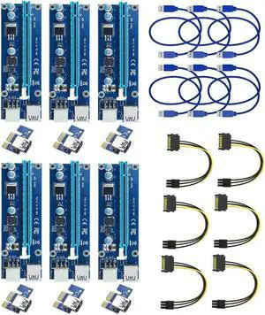 6x PCI-E Riser Mining Card 6 Pin PCI-E 1x to 16x Powered Riser Adapter Card 60cm USB 3.0 Extension Cable GPU Riser Adapter Graphics Extension Ethereum Mining ETH 6 Pin PCI-E to 15-Pin SATA Power Cable