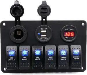 Werleo Digital Voltmeter 12V Cigarette Socket Double USB Power Charger Adapter Flush Mount Waterproof 6 Gang Rocker Switch Panel Black for RV Car Boat