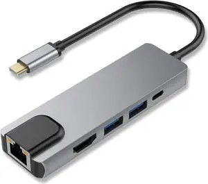 USB C Hub Multiport Adapter 5-in-1 USB 3.1 Type C Thunderbolt 3 with 4K HDMI Video Output RJ45 Gigabit Ethernet 2 USB 3.0 Ports USB C Power Charging for MacBook Pro ChromeBook Pixel USB-C Devices