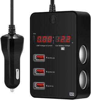 2-Socket Cigarette Lighter 120W 12V 24V Power Adapter DC Outlet Splitter 3 Port USB Car Charger for Cell Phones Dash Cam GPS and More  with Current Voltage Monitoring Voltmeter Display ON Off Switch
