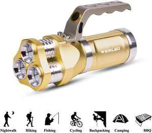 Werleo Super Bright Rechargeable CREE T6 Tactical LED Flashlight Torch Outdoor Waterproof High Powered Handheld Spotlight Searchlight Dimmable Floodlight For Camping Lantern Hiking Hunting Emergency