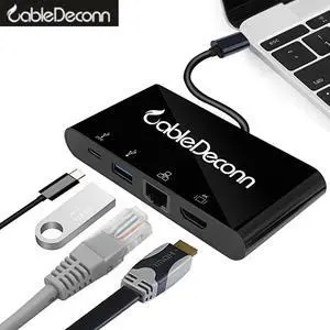 CableDeconn thunderbolt 3 usb type-c hub hdmi ethernet rj45 usb3.0 usb c charging 4in1 adapter cable converter for 2017 macbook pro Dell XPS