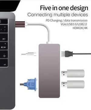 CableDeconn USB-C Thunderbolt 3 Hub usb3.1 Type C to HDMI 4K VGA 1080P SB3.0 USB2.0 USB C PD 5in1 Docking Adapter for Macbook Pro 2017 2016