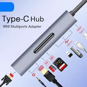 CableDeconn Thunderbolt 3 USB Type-c to HDMI 4K VGA USB3.0x3 Hub TF SD Slot USB-C PD Audio Female Portable 9in1 Adapter for Macbook Pro 2018