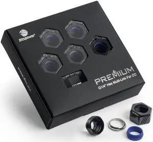 Bitspower Premium G1/4" Hex Multi-Link for 12mm OD Rigid Tubing, Matte Black, 6-pack