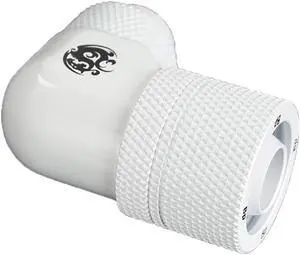 Bitspower G1/4" to 3/8" ID, 5/8" OD Compression Fitting for Soft Tubing, CC3 Ultimate, 90 Degree Dual Rotary, Deluxe White Bitspower G1/4" to 3/8" ID, 5/8" OD Compression Fitting for Soft Tubing, CC3 Ultimate, 90 Degree Dual Rotary, Deluxe White