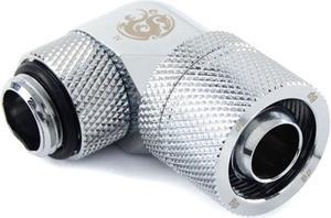 Bitspower G1/4" to 3/8" ID, 5/8" OD Compression Fitting for Soft Tubing, CC3 Ultimate, 90 Degree Dual Rotary, Silver Shining