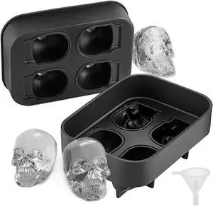 VEVOR Skull Ice Cube Tray, 4-Grid Skull Ice Ball Maker, Flexible Black Silicone Ice Tray with Lid & Funnel, Funny Skull Ice Cubes 1.6"x1.8" Each for Beverage, Chocolate, etc. on Parties & Holidays