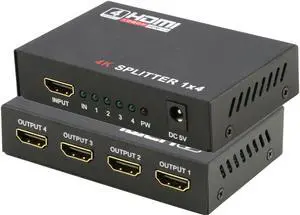 HDMI Splitter 1 in 4 Out V1.4b, iXever Powered HDMI Video Splitter with AC Adapter Duplicate/Mirror Screen Monitor Supports Ultra HD 4Kx2K@30Hz 1080P and 3D Resolutions (1 Input to 4 Outputs)