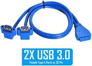Jimier Up Angled USB 3.0 A Type Dual Female to Motherboard 20Pin 19 Pin Box Header Slot Panel Mount Cable 50cm