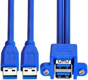 Cablecc Combo Dual USB 3.0 Male to Stackable Female Extension Cable 50cm with Screw Panel Mount Holes