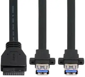 Cablecc Ultra Flat Slim Dual Port USB 3.0 Female Type-A Panel Type to Motherboard 20Pin 19Pin Header Cable 50cm