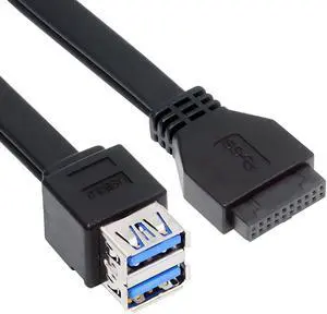 Cablecc Stackable Dual Port USB 3.0 Female Type-A DIP Type to Motherboard 20Pin 19Pin Header Cable with Fixed Feet 50cm
