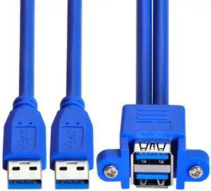 Cablecc Combo Dual USB 3.0 Male to Stackable Female Extension Cable 50cm with Screw Panel Mount Holes