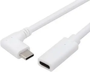 Cablecc White USB-C Type-C Male to Female Extension Power USB2.0 Data Cable 90 Degree Left Right Angled 65W Fast Charge for Laptop Tablet Phone