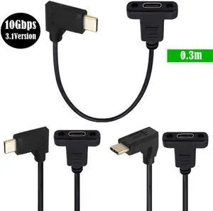 KAIBOXIXI 90 Degree Up & Down Angled USB-C USB 3.1 Type C Male to Female Extension Data Cable 30cm