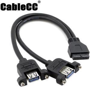 Cablecc USB 3.0 Dual Ports A Female Screw Mount Type to Motherboard 20pin Header cable Black