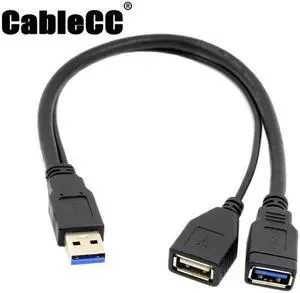 Cablecc Black USB 3.0 Male to Dual USB Female Extra Power Data Y Extension Cable for 2.5" Mobile Hard Disk