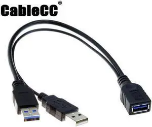 Cablecc Black USB 3.0 Female to Dual USB Male Extra Power Data Y Extension Cable for 2.5" Mobile Hard Disk
