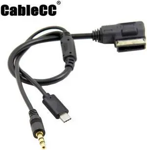 Cablecc Media In AMI MDI to Stereo 3.5mm Audio & USB-C Aux Adapter Cable For Car VW AUDI 2014 A4 A6 Q5 Q7