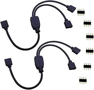 TronicsPros 4 Pin LED Splitter Cable Flex LED Strip Connector 2 Way Y Splitter for One to Two SMD 5050 3528 2835 RGB LED Tape LED Ribbon LED Strip Light -30cm/12in Long (1 to 2 Splitter, Black, 2pcs)