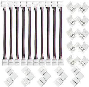 FSJEE 10mm 5050 RGB LED Strip Light Connectors Kits with 10PCS L Shape 4 Pin Right Angle Corner Solderless Connector and 10PCS Solderless Wire 4 Pin 10mm Wide Strip to Strip Jumper