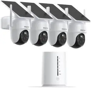 Wireless Outdoor Security Camera 4-Cam Kit, 4MP Solar-Powered System with 360° Pan & Tilt, HD Color Night Vision, Motion Detection, 64GB Memory Card