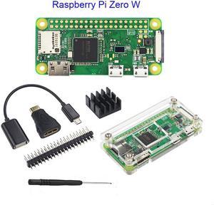 Raspberry Pi Zero W+Acrylic Case+GPIO Header+HDMI Famale to Mini HDMI Male Adapter+Micro USB to OTG Cable+Aluminum Heatsink+Screwdriver