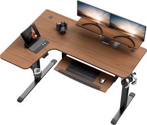 EUREKA ERGONOMIC 61" Standing Desk with Keyboard Tray, L Shaped Adjustable Standing Desk with Monitor Stand, Office Dual Motor Electric Stand Computer Desk, Stand Up Corner Desk, Walnut Left
