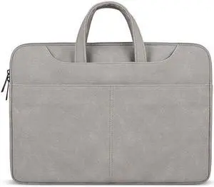 ST06S Waterproof PU Leather Zipper Hidden Portable Strap One-shoulder Handbag for 14.1 inch Laptops, with Magic Stick & Suitcase Belt (Light Grey)